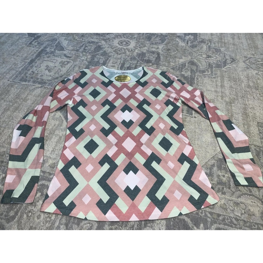 Womens Vintage Penny Lane Allover Print‎ Long Sleeve Shirt Size Large Pink Green